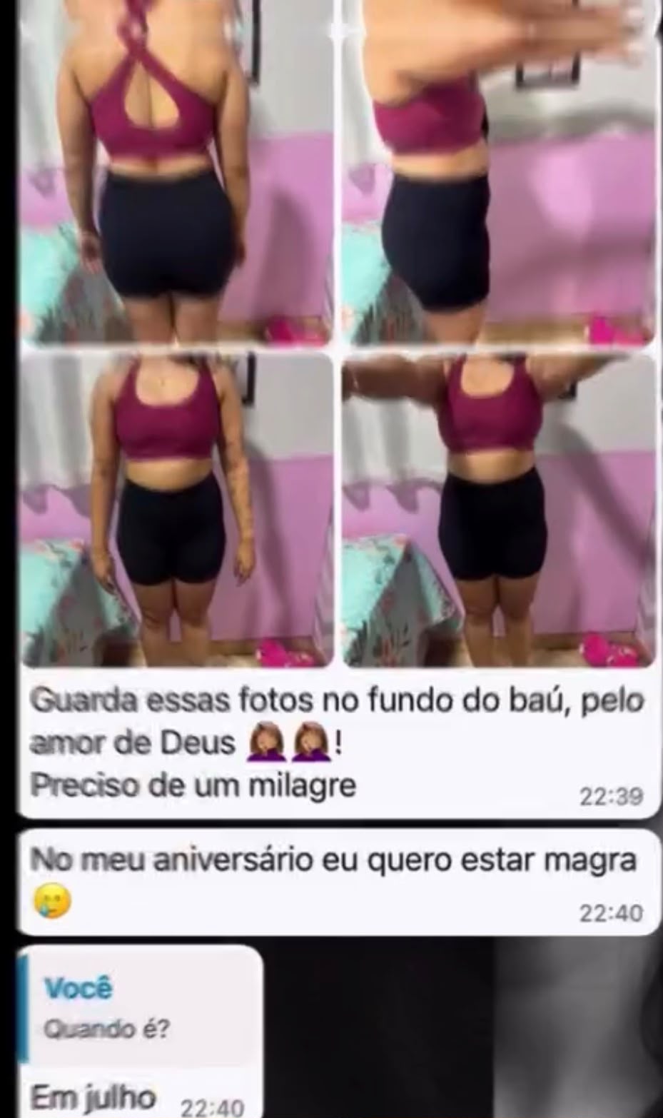 Print do início: aluna pede para guardar as fotos e quer estar magra no aniversário em julho