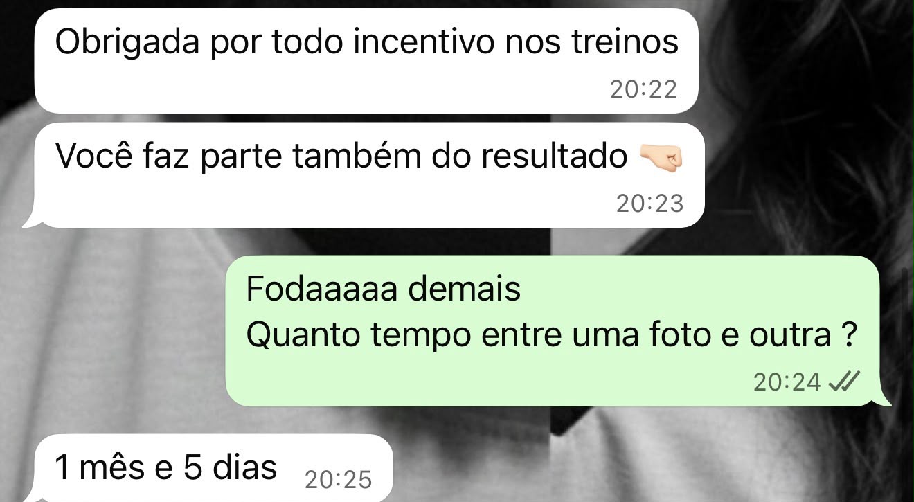 Print de WhatsApp: aluna agradece o incentivo e compartilha o feedback da transformação