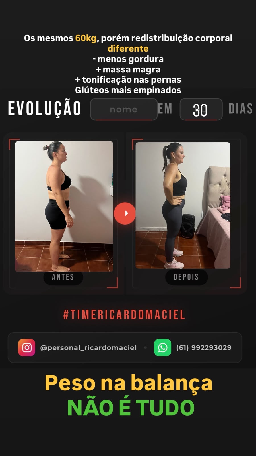 Mesmos 60 kg com redistribuição corporal em 30 dias